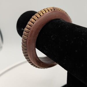 Vintage Chunky Wood Brass Tone Metal Ribbed Bangle Bracelet Bohemian Artisan